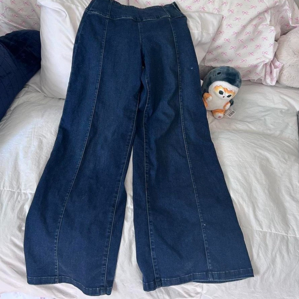 Free People Dark Blue Denim Wide Leg High Rise Jeans